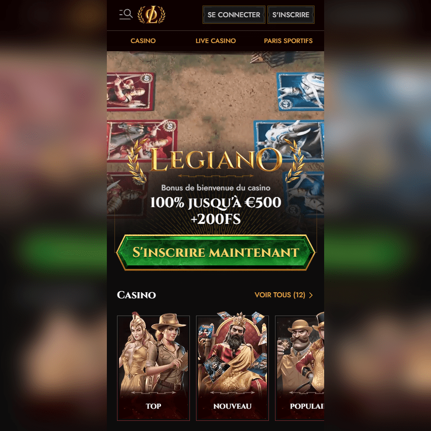 l'interface de l'application mobile au casino Legiano